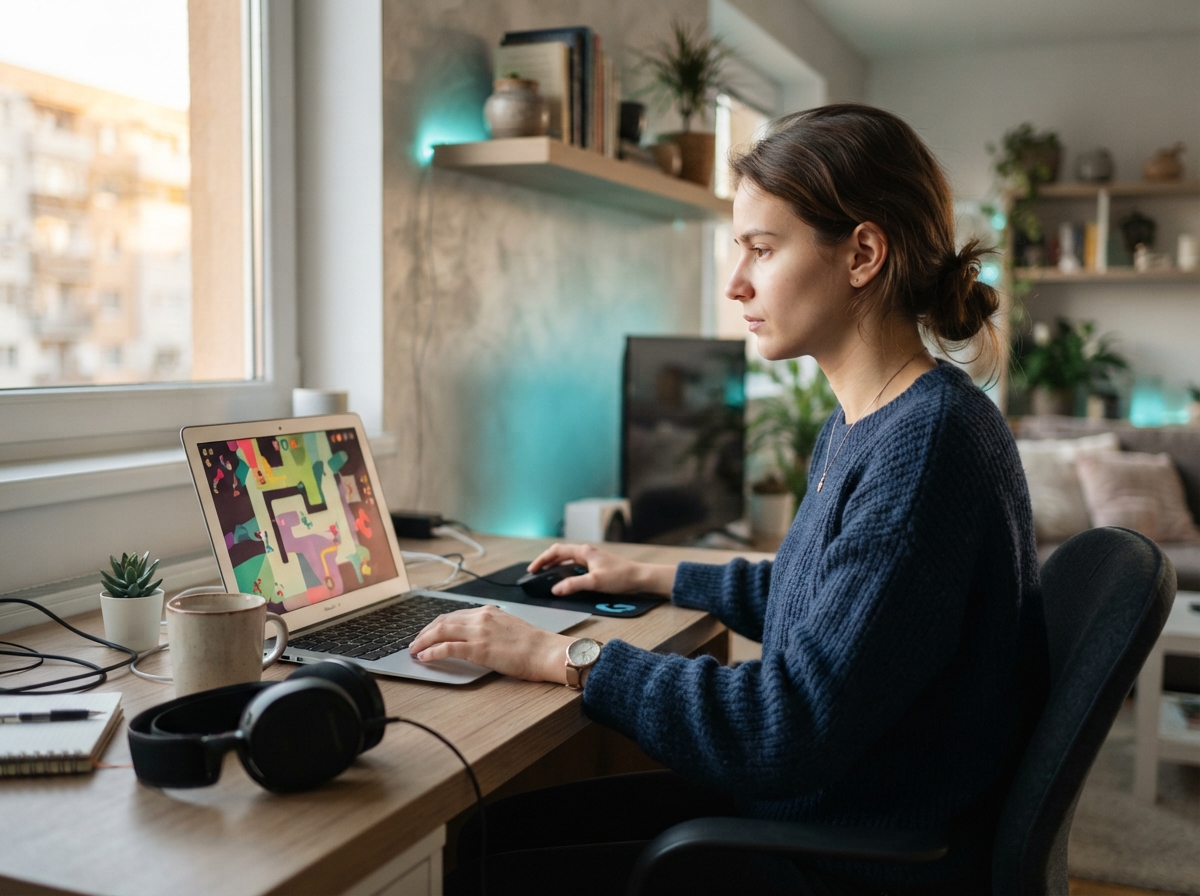 Persoană care verifică un joc pe laptop